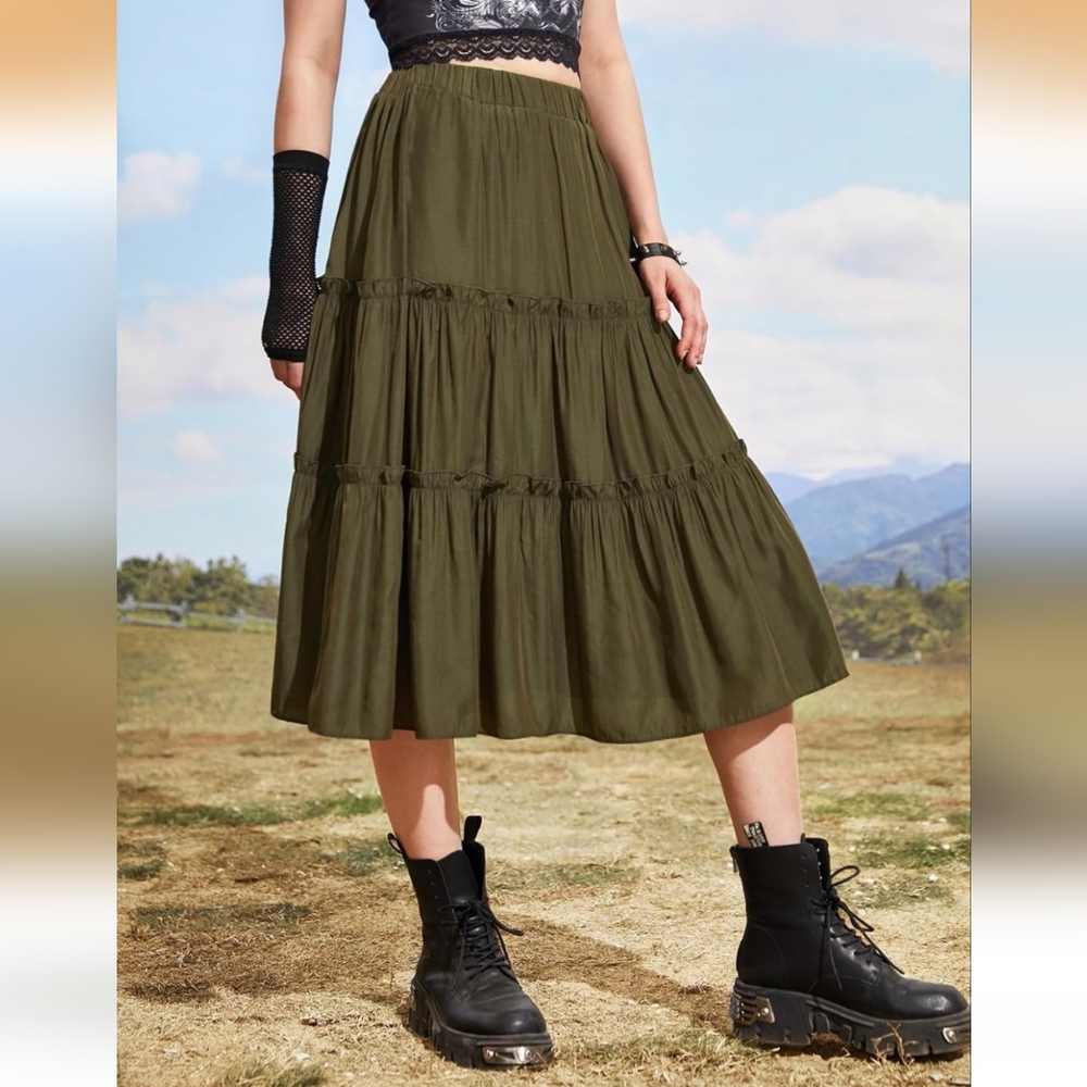 SHEIN Dark Green Tiered Midi Skirt